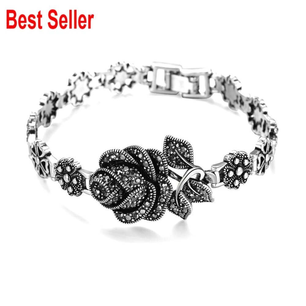 Vintage Marcasite Link Bracelet with Rose Flower Design, Alloy Metal